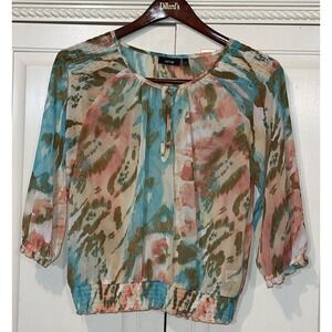 Apt 9 Top Women Medium Petite Festive Ruffle Smock Colorful Flowy‎ Beach